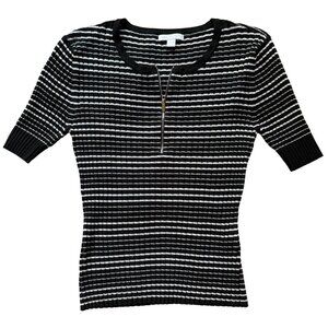 NY & Co Black & white striped, short sleeve, ribbed sweater zipper front Size L